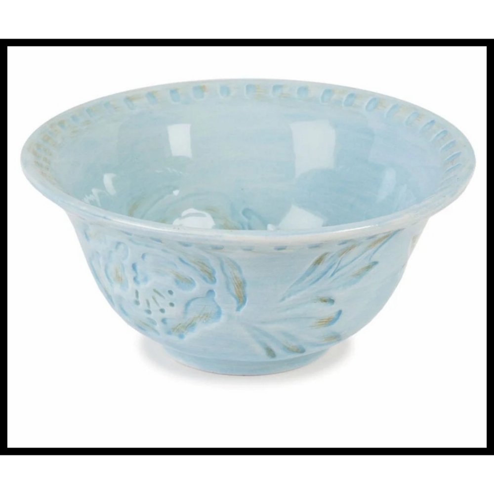 Fitz & Floyd Blue Toulouse Bowl Flower Leaf Imprint Pattern Glazed Pottery Dish